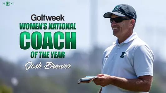 Josh Brewer smiles while looking at the green with text to his left stating he is the Golfweek National Coach of the Year