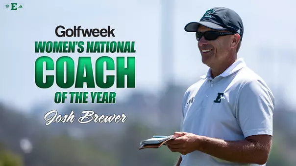 Josh Brewer smiles while looking at the green with text to his left stating he is the Golfweek National Coach of the Year
