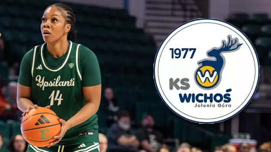 Photo of Sisi Eleko playing basketball at the George Gervin GameAbove Center in the 2025-26 basketball season. The photo has the logo of Islands Wichos Jelenia Gora next to her