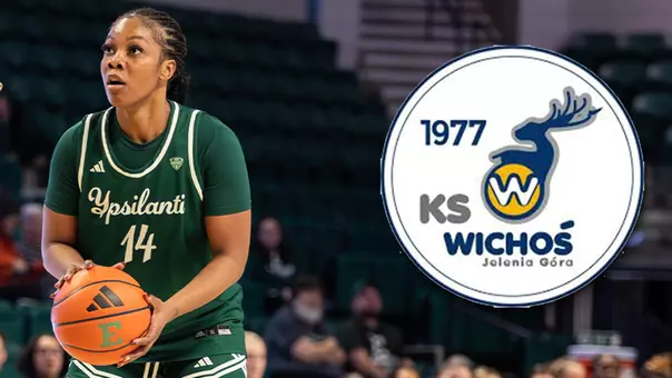 Photo of Sisi Eleko playing basketball at the George Gervin GameAbove Center in the 2025-26 basketball season. The photo has the logo of Islands Wichos Jelenia Gora next to her