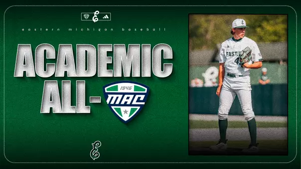 Graphic saying the 2026 MAC Baseball Academic All-MAC Teams have been announced featuring a framed photo of Emmett Gillies preparing to pitch at Oestrike Stadium