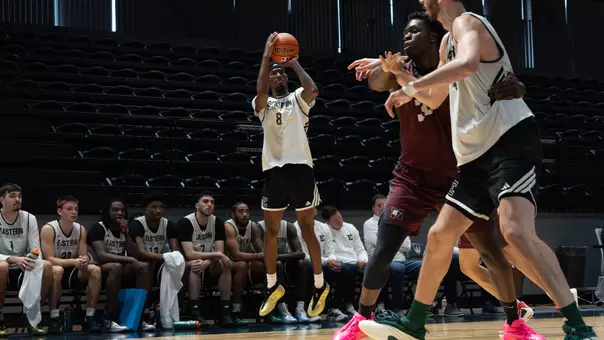 Sencire Harris Shooting a Basketball Against McMaster University at the University of Windsor, Aug. 16, 2026
