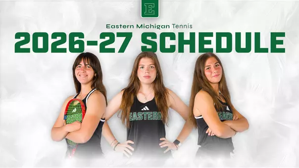 2026-27 Tennis schedule graphic featuring (left to right) Lara Diaz Zayas, Kseniia Saenko, and Iva Daneva