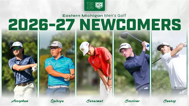 Men's Golf Graphic welcoming five newcomers featuring (left to right) Arsit Areephun, Vicente Quiroga, Parin Sarasmut, Ben Sessions, and Felipe Suarez