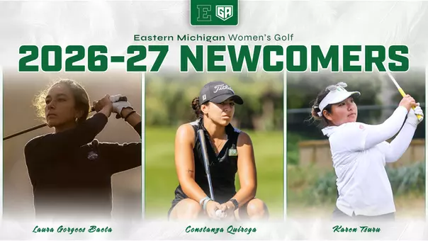 Women's Golf Graphic announcing three newcomers to the 2026-27 roster and featuring (left to right) Laura Gorgees Baeta, Constanza Quiroga, and Karen Tsuru