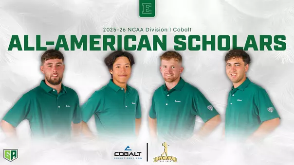 2025-26 GCAA Cobalt Golf All-America Scholar graphic featuring images of Charlie Box, Tim Chan, Rory McDonald-O'Brien, and Leo Mihaich