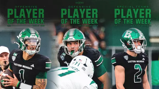Week 0 (Aug. 31) MAC Football Players of the Week graphic featuring Noah Kim, Zach Mowchan, and Nick Devereaux