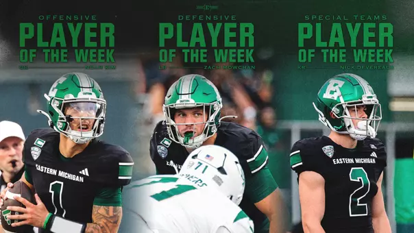 Week 0 (Aug. 31) MAC Football Players of the Week graphic featuring Noah Kim, Zach Mowchan, and Nick Devereaux