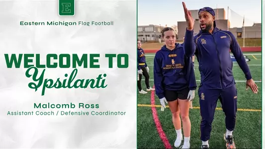 Graphic announcing the hiring of Malcomb Ross showing him demonstrating a defensive move with a Siena Heights player