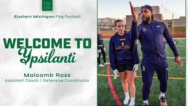 Graphic announcing the hiring of Malcomb Ross showing him demonstrating a defensive move with a Siena Heights player