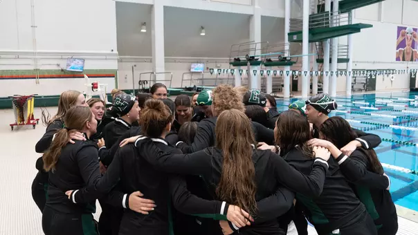 Swim and dive team huddle at the 2025 Green vs White meet