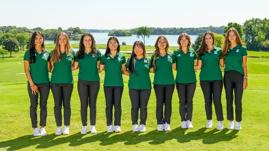 2026-27 Eastern Michigan Women's Golf Team picture featuring (L-R): Julianna Go, Matilde Zocchi, Mariana Vega, Erina Tan, Karen Tsuru, Baiyok Sukterm, Savannah de Bock, Constanza Quiroga, and Laura Gorgees Baeta