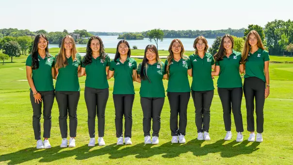 2026-27 Eastern Michigan Women's Golf Team picture featuring (L-R): Julianna Go, Matilde Zocchi, Mariana Vega, Erina Tan, Karen Tsuru, Baiyok Sukterm, Savannah de Bock, Constanza Quiroga, and Laura Gorgees Baeta