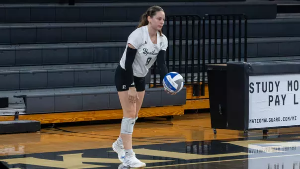 Mia Schaefer preparing to serve a volleyball at Oakland, Sept. 12, 2026
