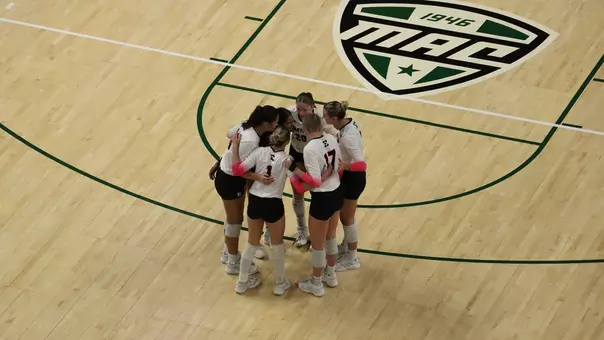 Volleyball starters huddle before playing Cornell Sept. 18, 2026