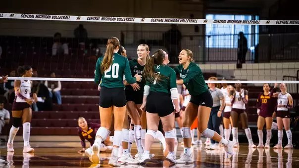 Haley Trosky celebrates on the court at Central Michigan Sept. 22, 2026