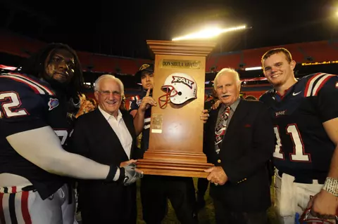 Senior defensive lineman Jervonte Jackson, Legendary Head Coach Don Shula, FAU Head Coach Howard Schnellenberger and Shula Bowl MVP Rusty Smti