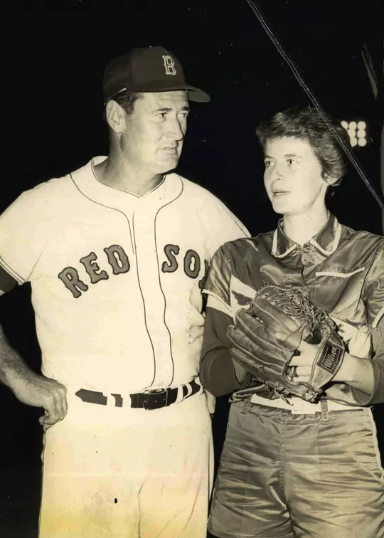 Joan with Ted Williams, who she struck out in 196