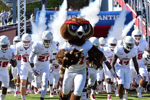 Florida Atlantic Owls mascot Owlsley leads the team onto the field prior to the game against the North Texas Mean Green at FAU Football Stadium. Mandatory Credit: Jasen Vinlove-USA TODAY Sport