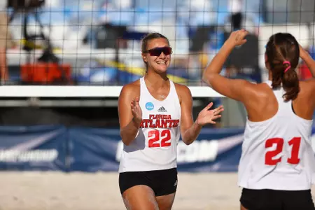 GULF SHORES, AL - MAY 06: The LMU Lions take on the Florida Atlantic Owls during the Division I Women’s Beach Volleyball Championship held on May 6, 2022 in Gulf Shores, Alabama. (Photo by Justin Tafoya/NCAA Photos via Getty Images)