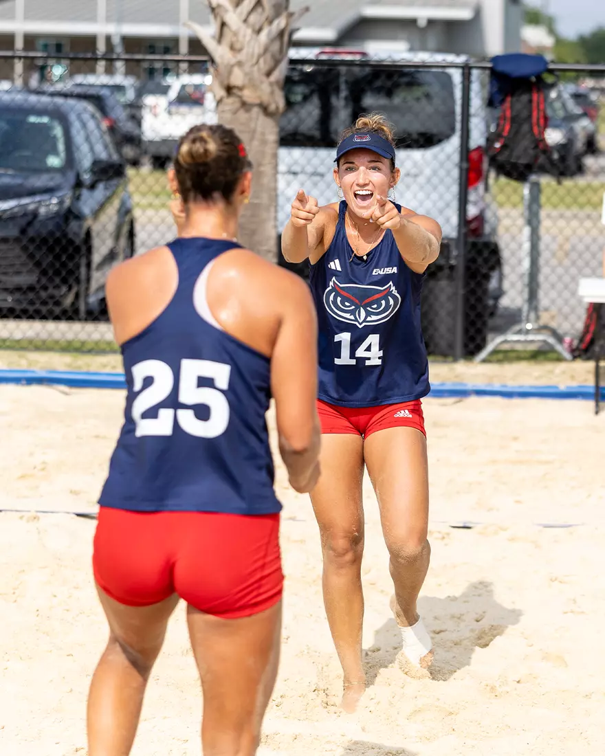 Kendall Mignerey and Shayna Wolf during the 2026 CUSA Beach Volleyball Conference Championships.