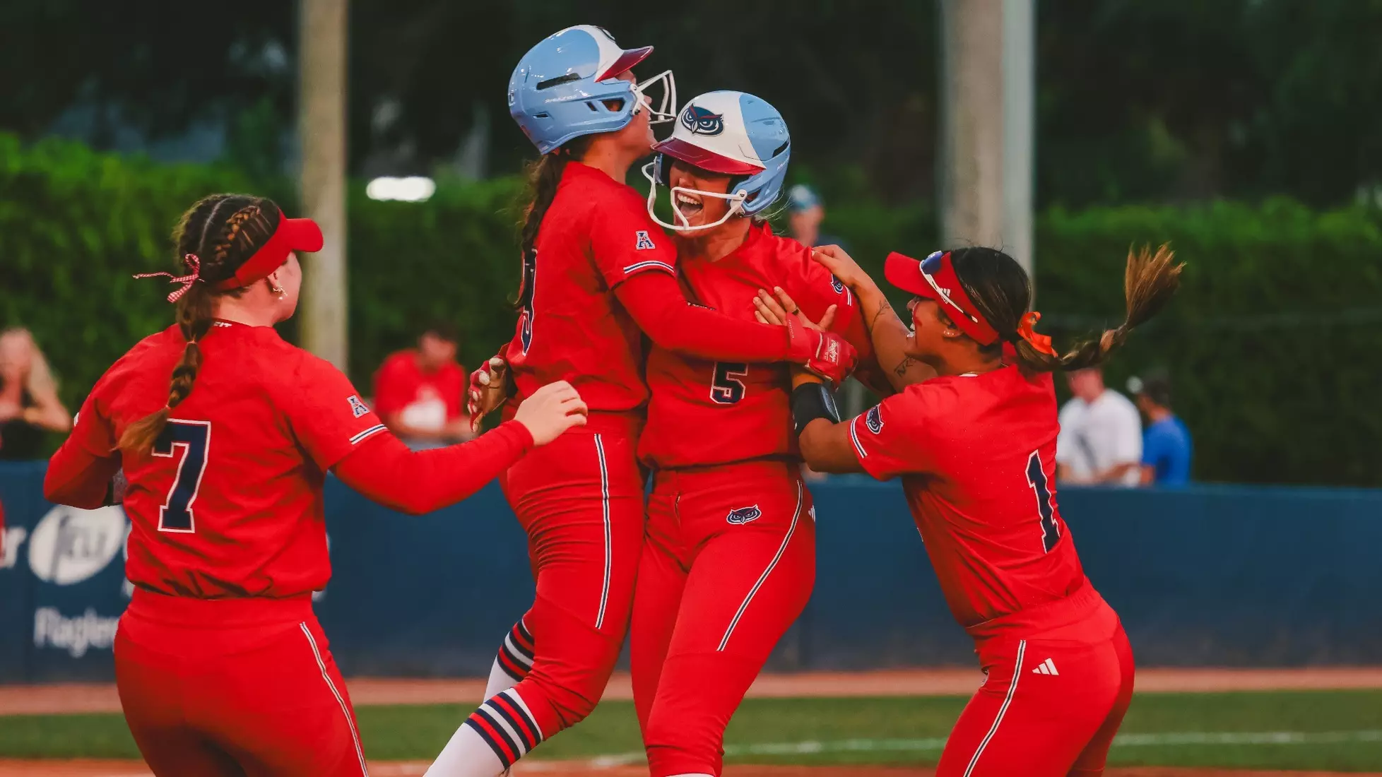 Softball's Madison Inscoe celebrates with her teammates after launching the game-winning RBI double against UAB on Friday, May 1st.