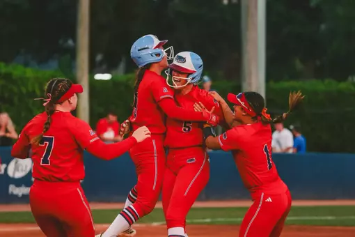 Softball's Madison Inscoe celebrates with her teammates after launching the game-winning RBI double against UAB on Friday, May 1st.