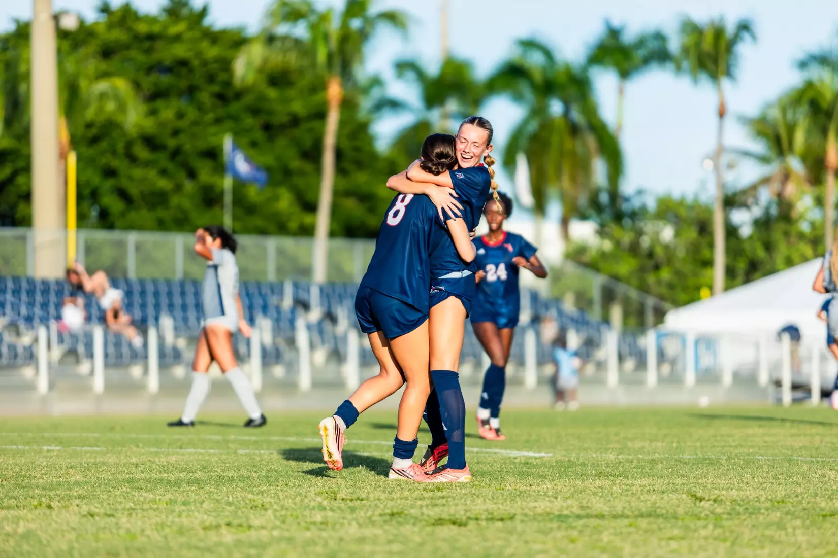 Maiya Castillo from women's soccer celebrating her goal with teammate Isabel Bostic during FAU's win over Howard.