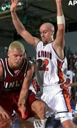 Lucas Johnson forces Kaspars Kambala into a turnover in the first half of Monday night's win over UNLV.