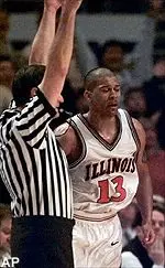 Illinois' Cory Bradford walks to the basket as the referee calls his 3-pointer good in the final seconds of the game, to beat Indiana 72-69.