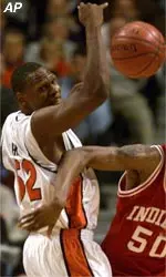 Illinois center Marcus Griffin fights for a loose ball in the first half of the Big Ten Semifinals. The Illini lost a close one to Indiana, 58-56.