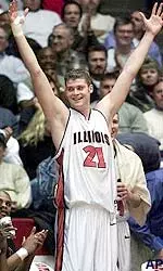 Forward Robert Archibald celebrates the Illini's 96-54 win over Northwestern State in the first round of the NCAA Tournament in Dayton, Ohio.