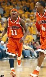 Dee Brown celebrates with teammate Luther Head after scoring during the first half.