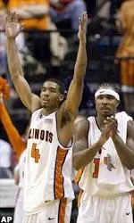 Luther Head and Dee Brown celebrate in the closing second of a 71-59 win over Indiana.