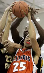 Calvin Brock and Wichita State defender Ryan Martin battle for a rebound.