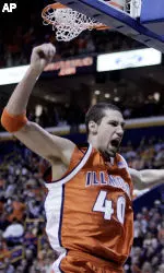 James Augustine celebrates following his slam for two points in the first half against Missouri. (AP Photo/James A. Finley)