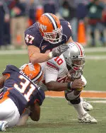 J Leman (47) and Travon Bellamy wrap up Ohio State quarterback Troy Smith in Saturday's game at Memorial Stadium