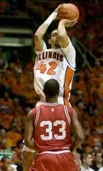 Ilinois' Brian Randle (42) puts up a shot over Indiana's Lewis Monroe in the first half of a college basketball game between Indiana and Illinois at the Assembly Hall in Champaign, Ill., on Sunday, Feb. 19, 2006. (AP Photo/Darrell Hoemann)