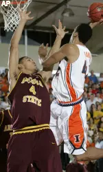 Brian Randle, right, takes a shot over Arizona State's Jeff Pendergraph in the first half. (AP Photo/Michael Conroy)