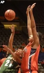 Michigan State's Mia Johnson (21) shoots under pressure from Illinois' Jenna Smith (13) during the second half of Illinois' 56-46 win over 20th-ranked Michigan state. (AP Photo/Robert K. O'Daniell)