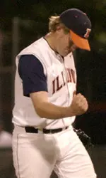 Jake Toohey pumps his fist after striking out the final two batters of the game in Illinois' 6-5 victory over Indiana. Toohey earned his Big Ten-leading fifth save of the conference season after pitching 1 1/3 innings.