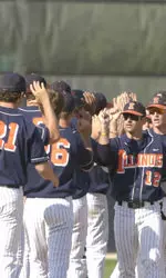 The Illini celebrated after sweeping a doubleheader from Indiana by the scores of 3-0 and 5-2. It was Illinois' second-straight Saturday sweep and third this season.
