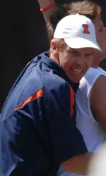 Assistant coach Kent Kinnear celebrates with Ryan Rowe after Illinois' 4-2 victory over No. 2 Ohio State in the NCAA Tournament.