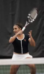 Freshman Marisa Lambropoulos won her singles match on court four against No. 23 Notre Dame.