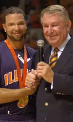 2008 Olympic Gold Medalist Deron Williams and USA Basketball Men's Senior National Team Managing Director Jerry Colangelo during the halftime ceremonies at A Night of Legends.