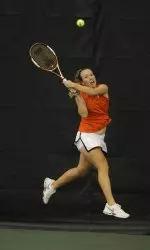 Junior Megan Fudge upset Notre Dame's Kelcy Tefft at No. 1 singles this evening.