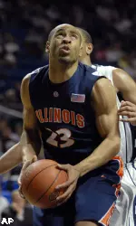 Illinois' Dominique Keller looks to the basket in second half of an NCAA college basketball against Penn State in State College, Pa. Wednesday, Jan. 27, 2010. Illinois won 77-67. (AP Photo/Ralph Wilson)