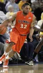 Illinois guard Demetri McCamey (32) drives on Michigan guard Manny Harris in the first half of an NCAA college basketball game, Tuesday, Feb. 23, 2010, in Ann Arbor, Mich. (AP Photo/Tony Ding)