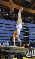 Freshman Yoshi Mori won his second vault title (15.850) of the season.