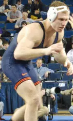Second-seeded John Dergo went 2-0 on the first day of the NCAA Championships to reach the quarterfinals.